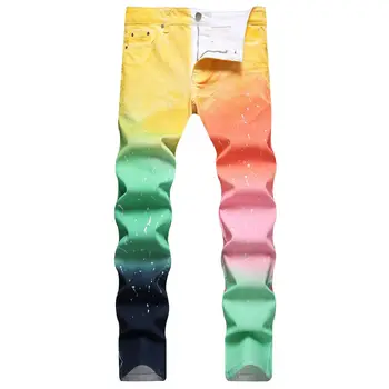 2023 Новые модные мужские разноцветные джинсы градиентного цвета, узкие джинсовые брюки с эластичной краской