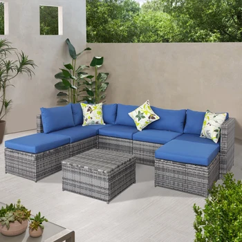 Уличный садовый диван Секционный Плетеный ротанговый диван для патио с подушкой
