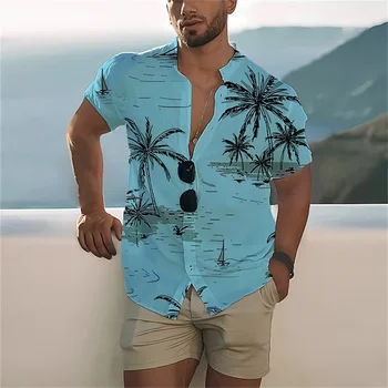 Рубашки с принтом кокосовой пальмы, пляжные рубашки с короткими рукавами, Дышащие гавайские рубашки, мужские летние однобортные рубашки с лацканами