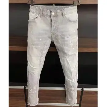 Мужские узкие джинсы Slim Spray Paint Jeans Мотоциклетные Джинсовые брюки с дырками DSQ2 БАЙКЕРСКИЕ ДЖИНСЫ белого цвета A111