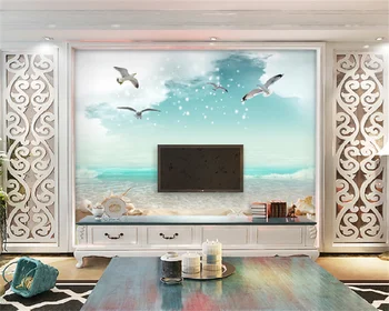 Обои на заказ Средиземноморский пейзаж пляж морская звезда раковина чайка гостиная ТВ фон украшение стен картина фреска