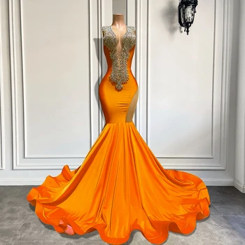 Оранжевые длинные платья для выпускного вечера 2023, сексуальные платья в стиле русалки, прозрачные, с круглым вырезом, Блестящие, роскошные, Серебристые, с бриллиантами, из спандекса, черные платья для выпускного вечера для девочек