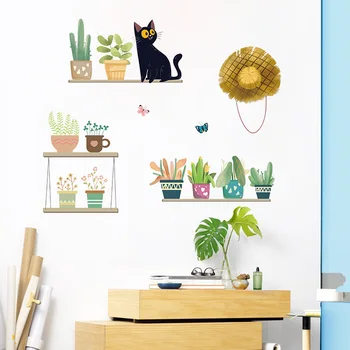 Наклейки с зеленым растением на стену, наклейки с котенком в цветочном горшке для украшения дома, экологически Чистая Гостиная, Балкон, сделай сам