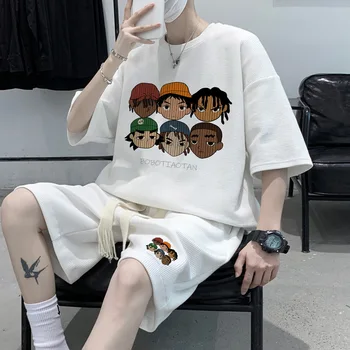 Корейская модная уличная одежда в стиле хип-хоп, повседневный короткий костюм, мужские футболки с аниме-рэпером, шорты, комплект из 2 предметов, летний спортивный костюм, одежда для мужчин