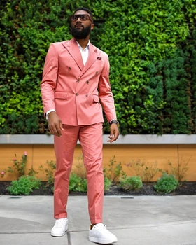 TPSAADE Мужской приталенный мужской костюм Розовый двубортный смокинг для жениха, шафера, 2 предмета (блейзер + брюки) Свадебный мужской костюм