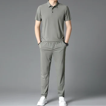 2023 Летний мужской модный повседневный комплект рубашек-поло, деловой удобный однотонный комплект из двух предметов с коротким рукавом, мужской бренд