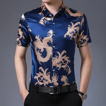 Новый бренд Роскошных мужских хлопчатобумажных шелковых рубашек, вечерних платьев, рубашек с короткими рукавами и принтом дракона, летней модной одежды