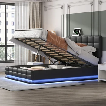 Обитая ворсом кровать-платформа с гидравлической системой хранения, кровать для хранения из полиуретана размера Queen-Size со светодиодной подсветкой и USB-зарядным устройством, черная