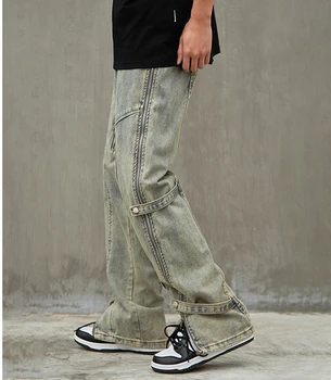 Мужские джинсы в американском стиле, уличная мода, боковая молния, хип-хоп, прямые, универсальные, свободные пуговицы, ощущение крутого винтажного стиля