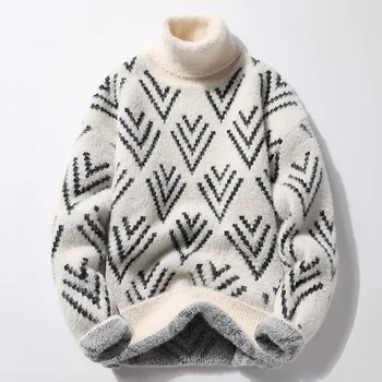 Зимние толстые теплые мужские свитера, флисовые водолазки, модные клетчатые пуловеры, Корейский повседневный мужской свитер с высоким воротом