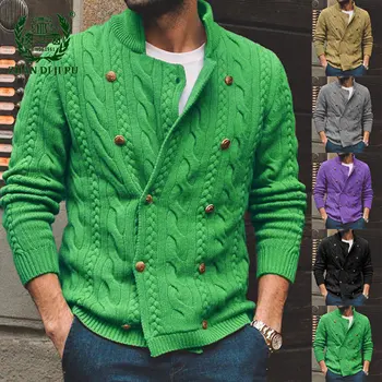 Американский однотонный Мужской свитер с квадратным вырезом, пальто, Осенний Новый модный двубортный кардиган в рубчик, простой универсальный свитер для мужчин
