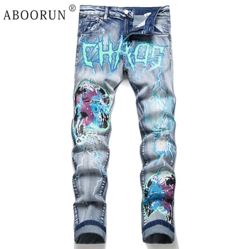 ABOORUN Мужские джинсы в стиле панк с 3D принтом, джинсовые брюки с дырками, хип-хоп брюки для мужчин