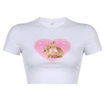 Топ с принтом Кролика для Женщин, Летняя Повседневная футболка С коротким рукавом, Укороченный Топ с милым Сердечком для уличной одежды Ins