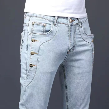 3 Цвета 2023 Мужские хлопчатобумажные джинсы высокого качества в корейском стиле, стрейчевые облегающие джинсовые брюки, Модные узкие брюки на пуговицах, мужские брюки