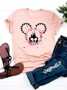 Disney Floral Flower 90-х, Модная повседневная футболка с рисунком стежка, одежда с рисунком Микки Мауса, топ, летняя женская одежда, футболка