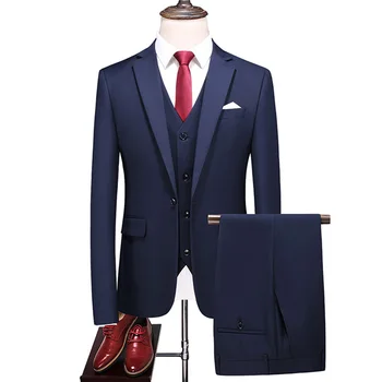 (Куртка + Жилет + брюки) Брендовая одежда, мужские деловые блейзеры высокого качества /Мужские облегающие хлопковые повседневные платья для жениха, костюмы-тройки