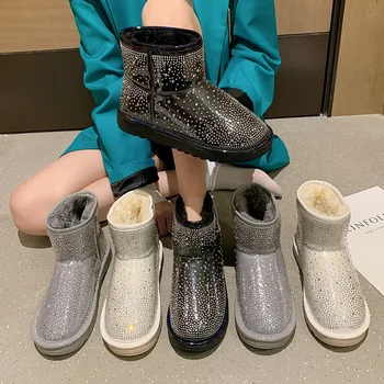 Зимние ботинки с украшением в виде кристаллов, женские 2021, блестящая кожа, водонепроницаемые стразы, плюшевые ботинки 